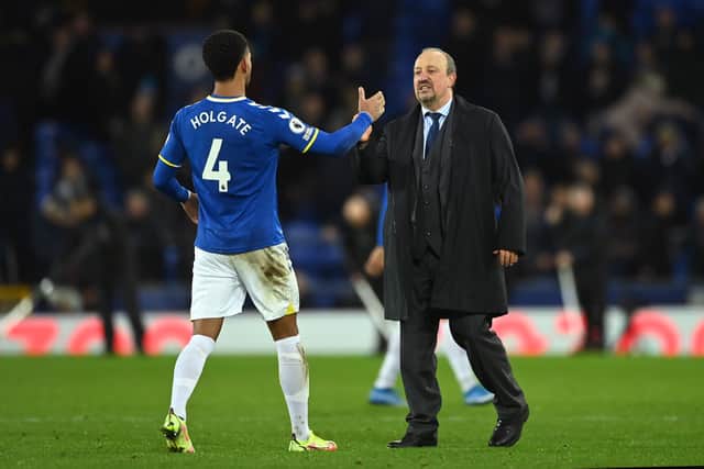 Rafael Benitez, Manager of Everton celebrates with Mason Holgate of Everton  (Photo by Gareth Copley/Getty Images)