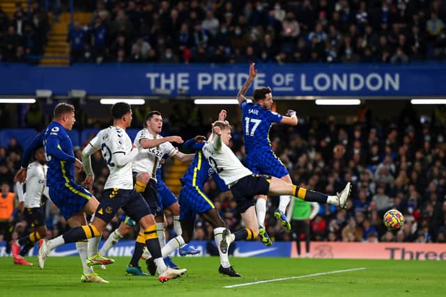Jarrad Braithwaite of Everton scores their side's first goal during the Premier League match (Photo by Mike Hewitt/Getty Images)