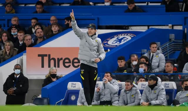 Thomas Tuchel, Manager of Chelsea gestures during the Premier League match (Photo by Mike Hewitt/Getty Images)