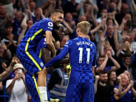 Romelu Lukaku of Chelsea celebrates with Mateo Kovacic and Timo Werner after scoring (Photo by Catherine Ivill/Getty Images)