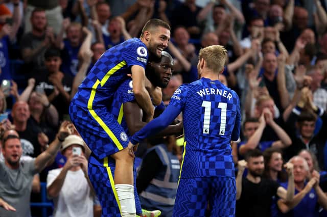 Romelu Lukaku of Chelsea celebrates with Mateo Kovacic and Timo Werner after scoring (Photo by Catherine Ivill/Getty Images)