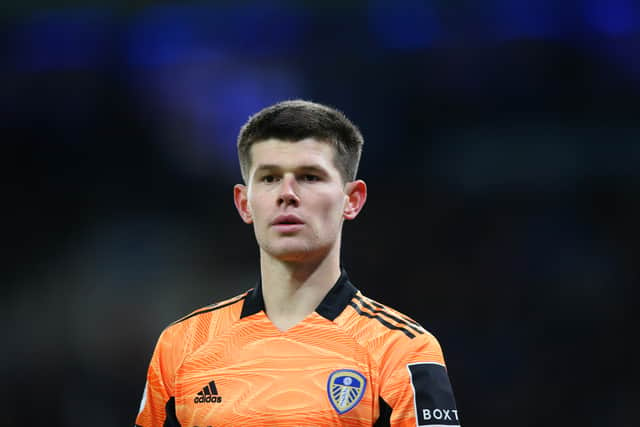 Illan Meslier of Leeds United looks on during the Premier League match between Manchester City and Leeds United at Etihad Stadium on December 14, 2021