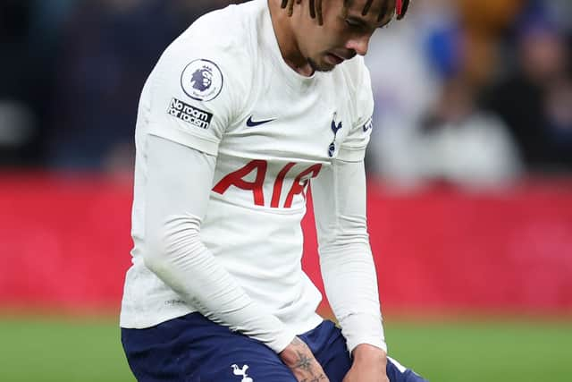 Dele Alli of Tottenham Hotspur reacts during the Premier League match between Tottenham  (Photo by Alex Pantling/Getty Images )