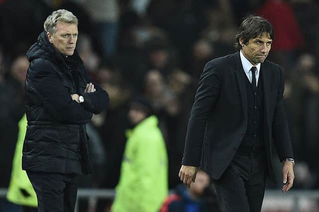 <p>David Moyes (L) and Antonio Conte (Photo by OLI SCARFF/AFP via Getty Images)</p>