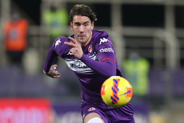 Dusan Vlahovic of ACF Fiorentina in action during the Coppa Italia match between Fiorentina and Benevento at Artemio Franchi on December 15, 2021 in Florence, Italy. 