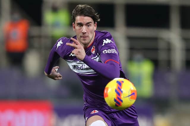 Dusan Vlahovic of ACF Fiorentina in action during the Coppa Italia match between Fiorentina and Benevento at Artemio Franchi on December 15, 2021 in Florence, Italy. 