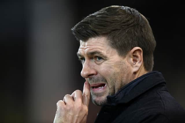 Steven Gerrard, Manager of Aston Villa looks on prior to the Premier League match between Norwich City and Aston Villa at Carrow Road