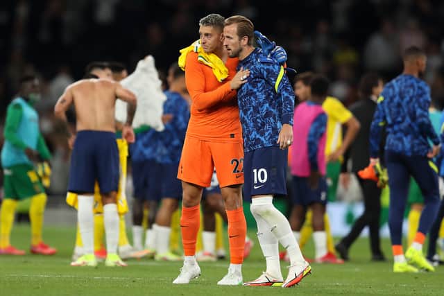 Pierluigi Gollini and Harry Kane of Tottenham Hotspur at full time of the UEFA Conference League  (Photo by James Williamson - AMA/Getty Images)