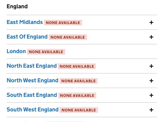 The NHS Test & Trace website has been showing tests are unavailable to the public in large parts of England today. Photo: NHS 