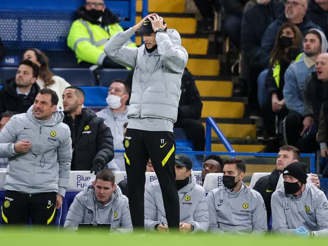 Head Coach Thomas Tuchel of Chelsea reacts during the Premier League match  (Photo by Robin Jones/Getty Images)