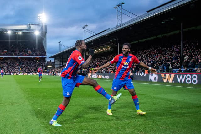 Jean-Philippe Mateta of Crystal Palace celebrates with Odsonne Ãdouard (Photo by Sebastian Frej/MB Media/Getty Images)