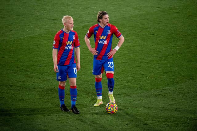 : Will Hughes and Conor Gallagher of Crystal Palace during the Premier League match (Photo by Sebastian Frej/MB Media/Getty Images)