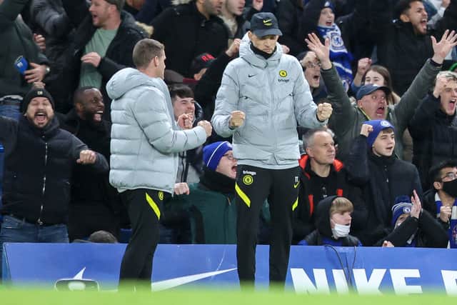 Head Coach Thomas Tuchel of Chelsea celebrates after Romelu Lukaku puts his side 1-0 up (Photo by Robin Jones/Getty Images)