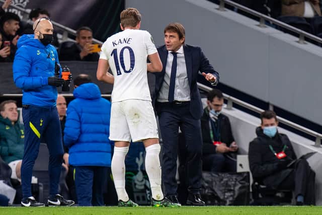 manager Antonio Conte of Tottenham Hotspur and Harry Kane  (Photo by Sebastian Frej/MB Media/Getty Images)