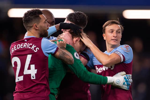 Goalkeeper David Martin of West Ham United is congratulated on keeping a clean (Photo by Visionhaus)