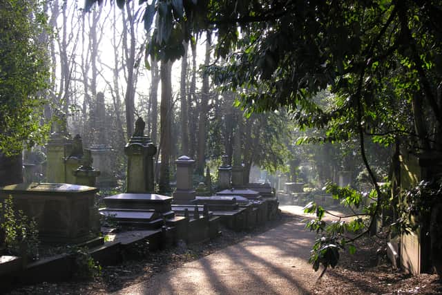 Visitors can walk through a trail of famous graves and catacombs, which contain the remains of a number of notable figures including Karl Marx, poet Christina Rossetti, writer George Eliot and architect Sir Lawrence Weaver. Credit: Highgate Cemetery