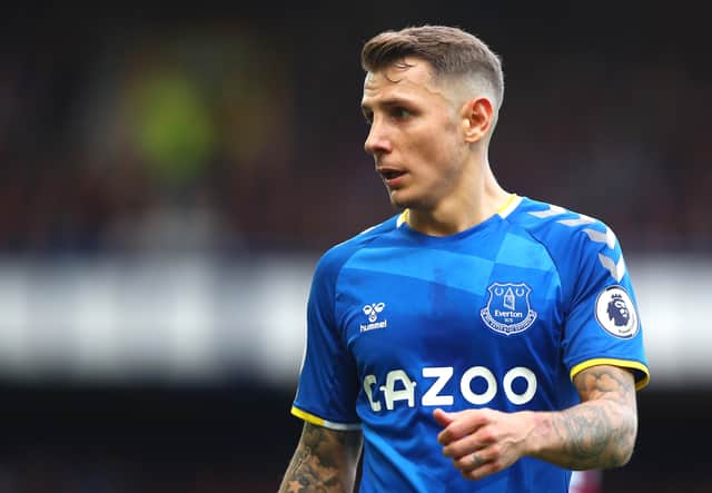 Lucas Digne of Everton looks on during the Premier League match (Photo by Chloe Knott - Danehouse/Getty Images)