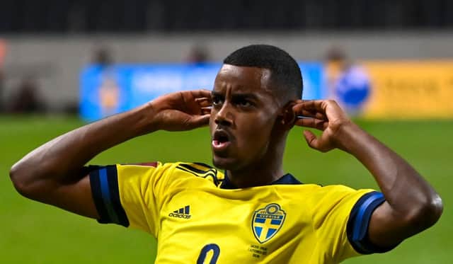 Sweden’s forward Alexander Isak celebrates scoring the 1-1 equaliser during the FIFA World Cup Qatar 2022 qualification Group B football match between Sweden and Spain, at the Friends Arena in Solna, Sweden on September 2, 2021.