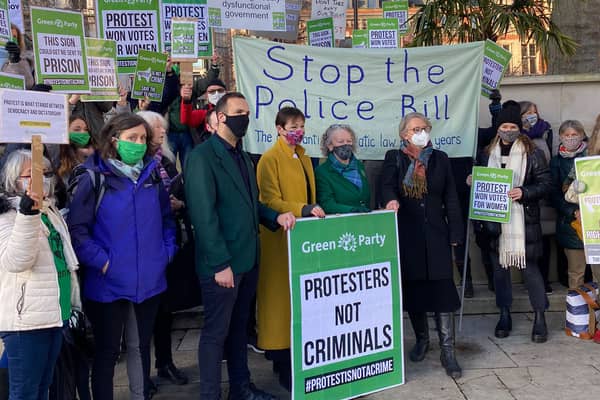 Protestors gather to oppose the police bill. Photo: Green Party