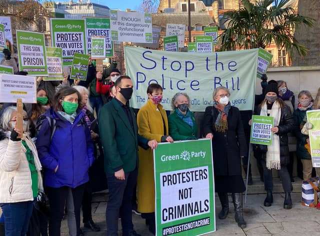Protestors gather to oppose the police bill. Photo: Green Party