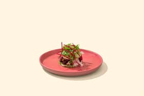 Herbaceous pancake, pickled beetroot, chickpea aioli & wild rocket salad. Credit: Eris Haung