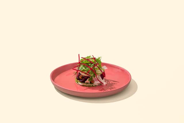 Herbaceous pancake, pickled beetroot, chickpea aioli & wild rocket salad. Credit: Eris Haung