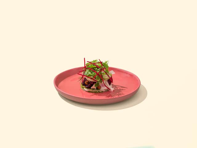Herbaceous pancake, pickled beetroot, chickpea aioli & wild rocket salad. Credit: Eris Haung