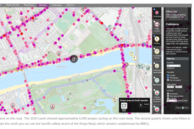 Map of cycling collisions in Chelsea Embankment, the purple symbols represent those killed or who suffered severe injuries. Credit: BetterStreets4KC