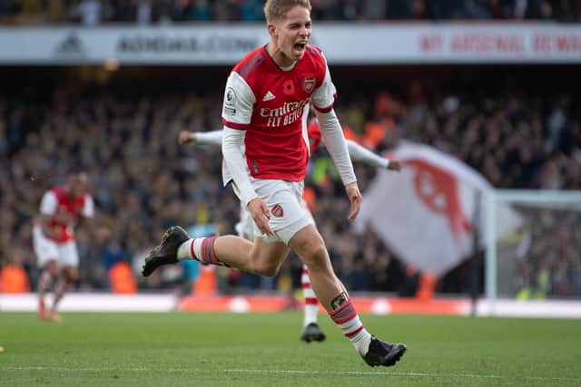 Emile Smith Rowe of Arsenal celebrates scoring during the Premier League match  (Photo by Visionhaus/Getty Images)