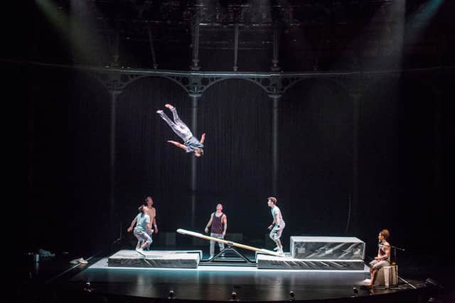  Barely Methodical Troupe,  complete powerful acrobatics in their show ‘Kin’. Credit: David Levine