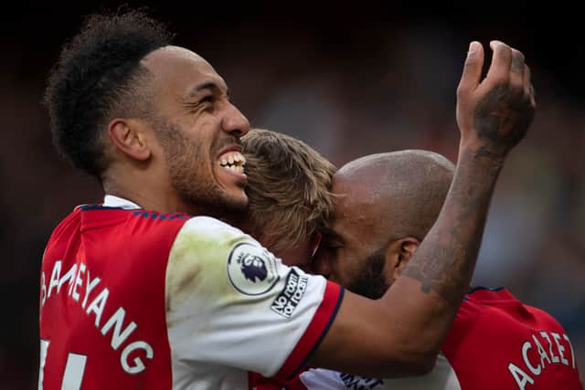 Pierre-Emerick Aubameyang of Arsenal celebrates with goalscorer Emile Smith Rowe (Photo by Visionhaus/Getty Images)