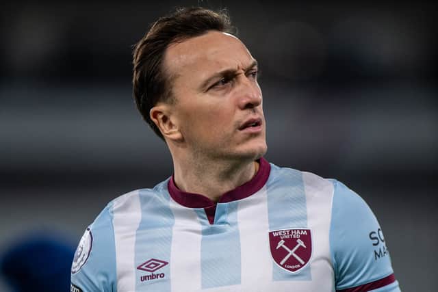 Mark Noble of West Ham United looks on during the Premier League match (Photo by Sebastian Frej/MB Media/Getty Images)