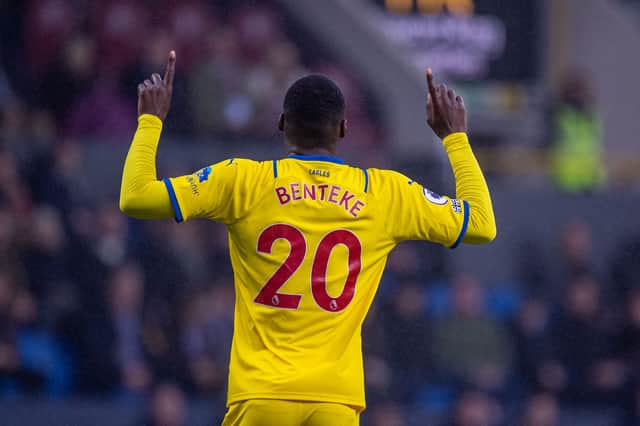 Christian Benteke of Crystal Palace celebrates after scoring 1st goal during the Premier League (Photo by Sebastian Frej/MB Media/Getty Images)