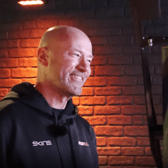 Alan Shearer being interviewed by LondonWorld, as Speedflex ambassador at Watford Leisure Centre Woodside to launch a new workout called FORTIS, powered by Speedflex. Credit: Claudia Marquis