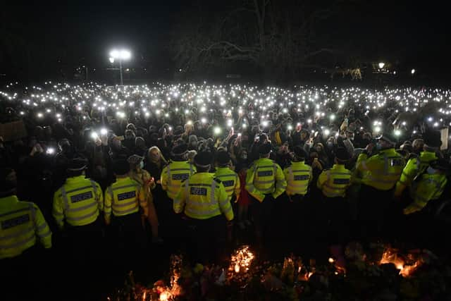 Police officers at the Sarah Everard vigil. Credit: JUSTIN TALLIS/AFP via Getty Images