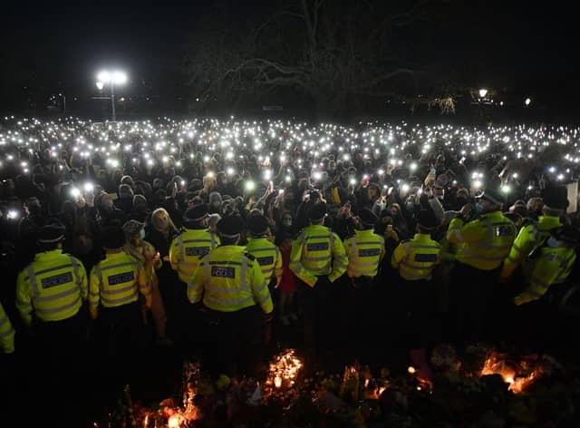 Police officers at the Sarah Everard vigil. Credit: JUSTIN TALLIS/AFP via Getty Images