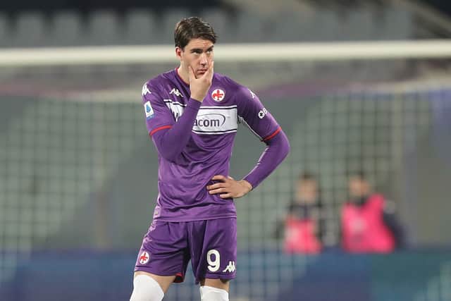 Dusan Vlahovic of ACF Fiorentina reacts during the Serie A match between ACF Fiorentina and Genoa CFC at Stadio Artemio Franchi on January 17, 2022 in Florence, Italy.