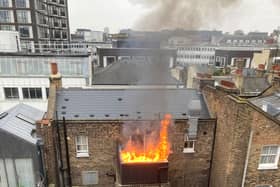 Photos shows the moment Guy Ritchie’s London pub Lore of the Land burst into flames - for the SECOND time in six months. Credit: Diane Beecham / SWNS
