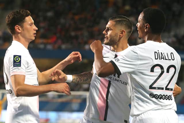 Abdou Diallo celebrate a goal during the French L1 football match between Paris Saint-Germain (Photo by FRANCOIS NASCIMBENI/AFP via Getty Images)