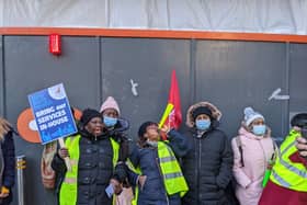 Hundreds of porters, cleaners and catering staff employed by outsourcing firm Serco at London hospitals St Barts, Royal London and Whipps Cross started a two week strike on Monday. Credit: Lynn Rusk