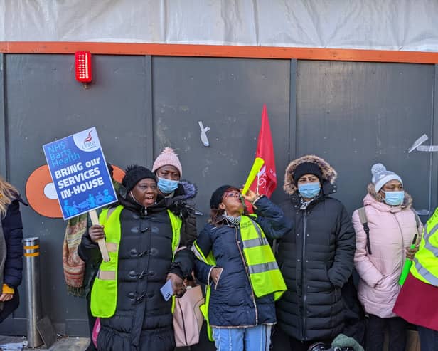 Hundreds of porters, cleaners and catering staff employed by outsourcing firm Serco at London hospitals St Barts, Royal London and Whipps Cross started a two week strike on Monday. Credit: Lynn Rusk