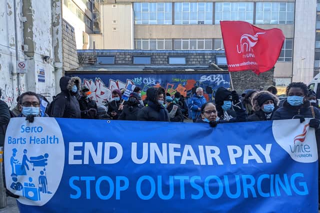 Unite members are demanding that Barts Health Trust move their services “in-house” and to intervene to ensure Serco improves its pay offer. Credit: Lynn Rusk