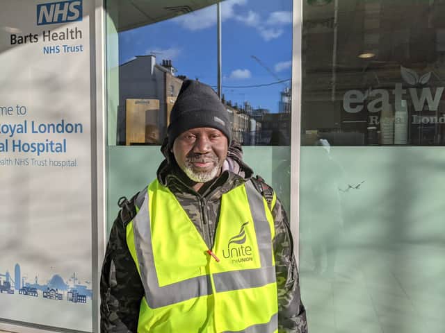 Ebrima Sonko, the Unite rep for the London Royal Hospital said that he enjoys his job but wants to benefit from what everyone else is getting. Credit: Lynn Rusk