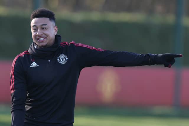 Jesse Lingard of Manchester United in action during a first team training session at Carrington Training Ground on January 13, 2022 in Manchester, England