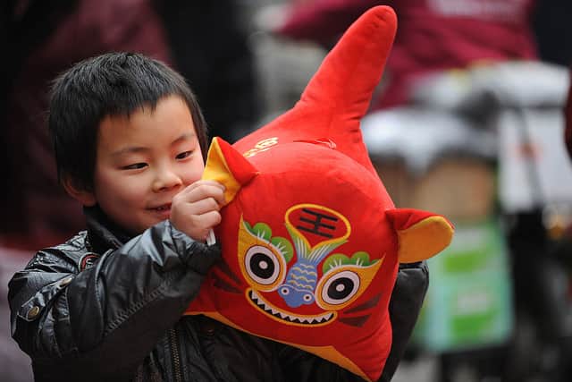 A young Chinese boy plays with a toy tiger doll (Photo: STR/AFP via Getty Images)