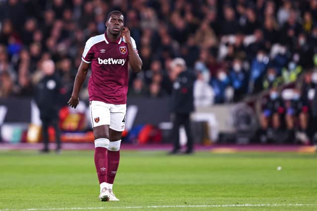Kurt Zouma of West Ham United looks on during the Premier League match between West Ham United and Watford at London Stadium on February 08, 2022 in London, England