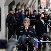 Metropolitan Police Commissioner Cressida Dick makes a statement outside of the Old Bailey, following the sentencing of Wayne Couzens  (Photo by DANIEL LEAL/AFP via Getty Images)