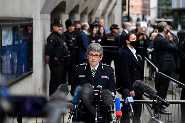Metropolitan Police Commissioner Cressida Dick makes a statement outside of the Old Bailey, following the sentencing of Wayne Couzens (Photo by DANIEL LEAL/AFP via Getty Images)