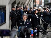 Metropolitan Police Commissioner Cressida Dick makes a statement outside of the Old Bailey, following the sentencing of Wayne Couzens  (Photo by DANIEL LEAL/AFP via Getty Images)