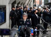 Metropolitan Police Commissioner Cressida Dick makes a statement outside of the Old Bailey, following the sentencing of Wayne Couzens  (Photo by DANIEL LEAL/AFP via Getty Images)